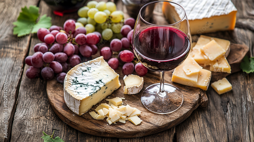 Wine and Cheese Served with Grapes on a Rustic Table Wine and Cheese Served with Grapes on a Rustic Table