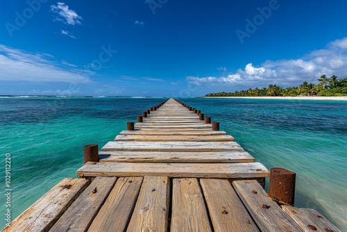 Aged wooden pier jutting out into the ocean, with weathered planks and rusty nails exposed to years of salt and wind, creating a scene of rustic charm by the water photo