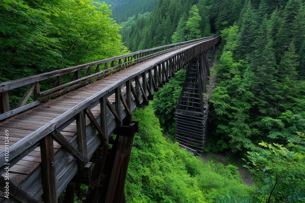 An abandoned wooden bridge in a dense forest, its planks rotting and railings leaning, yet still standing strong amidst the overgrowth, evoking a sense of quiet resilience An abandoned wooden bridge in a dense forest, its planks rotting and railings leaning, yet still standing strong amidst the overgrowth, evoking a sense of quiet resilience