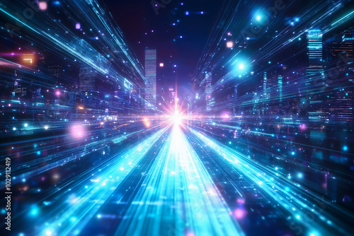 Futuristic cityscape with glowing light trails and skyscrapers