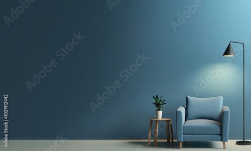 A serene, minimalist living space with a blue armchair, lamp, and plant against a dark blue wall.