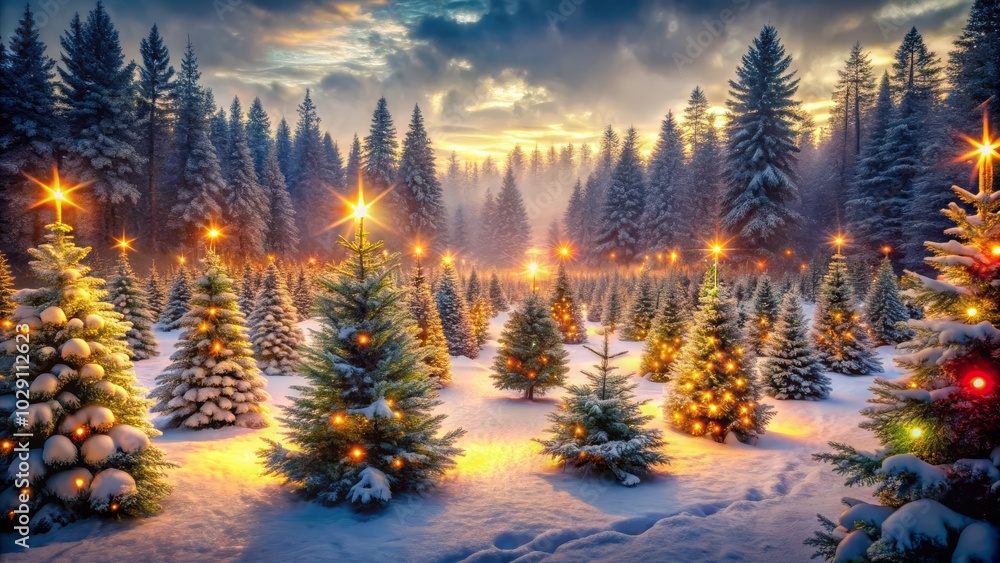 Obraz premium Enchanting forest adorned with Christmas trees and shimmering lights.