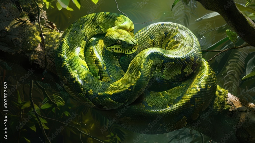 A Green Python Coiled Around a Tree Branch in a Lush Forest Setting A Green Python Coiled Around a Tree Branch in a Lush Forest Setting