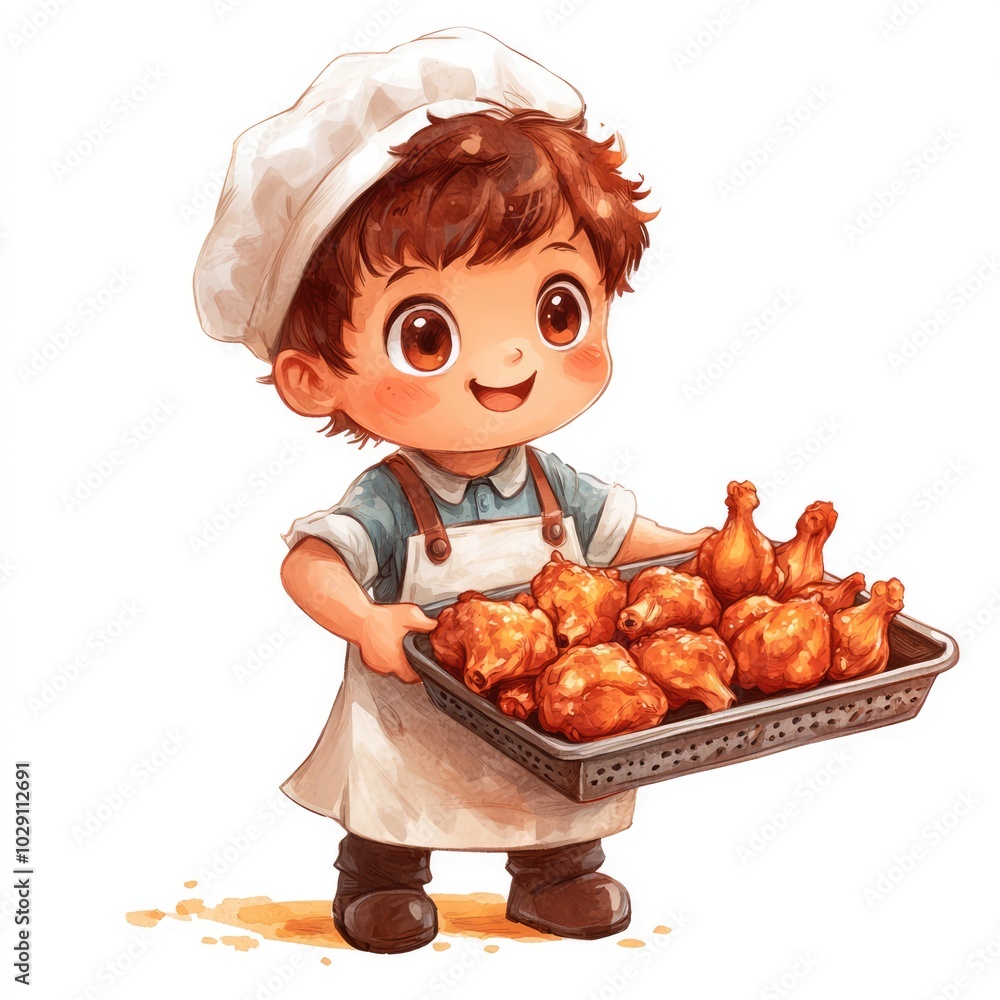 Cute Watercolor Butcher with Chicken Drumsticks Cute Watercolor Butcher with Chicken Drumsticks