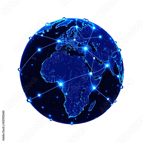 Blue illuminated digital globe showcasing global network connections, isolated on transparent background, Generative AI