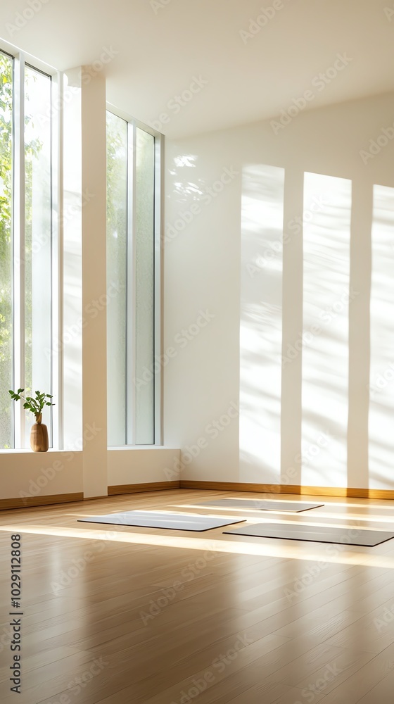 Fototapeta premium Yoga studio with minimalist design, wood floors, and a tranquil setting enhanced by soft lighting, realistic photo