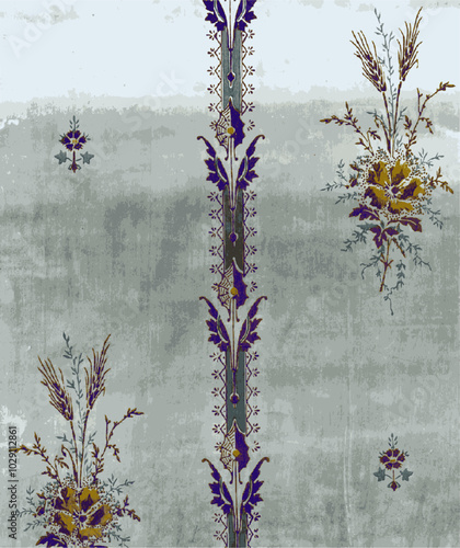 Vintage floral wallpaper with a worn, faded look and motifs