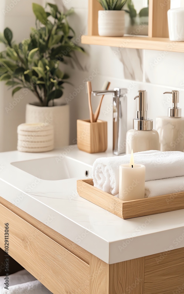Fototapeta premium A chic bathroom vanity featuring scented candles, a small plant, and neatly folded towels