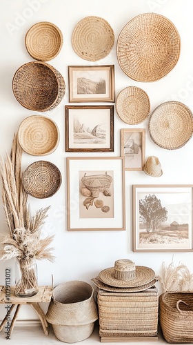 A bohemianinspired wall with a mix of woven baskets and framed art photo