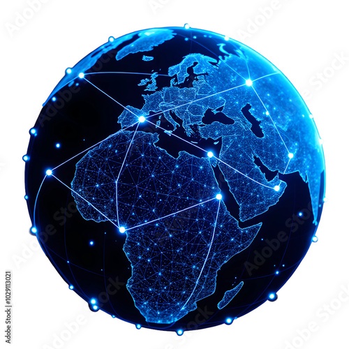 Digital globe with blue glowing network, isolated on transparent background, Generative AI