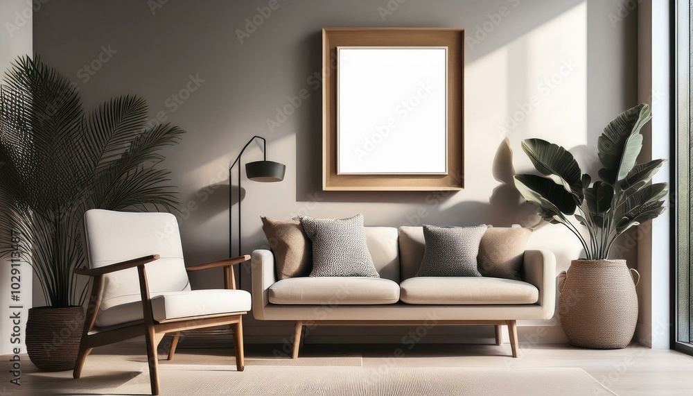 Lounge chair and sofa against wall with big frame. Minimalist interior design of modern living room. Lounge chair and sofa against wall with big frame. Minimalist interior design of modern living room.