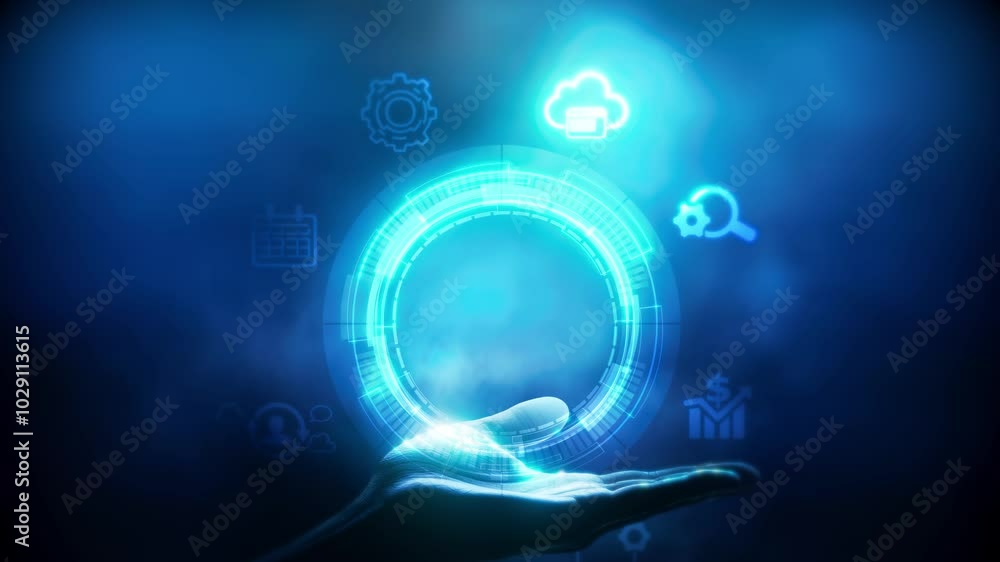 Technology and business loopable background: hand and circle with glowing icons Technology and business loopable background: hand and circle with glowing icons
