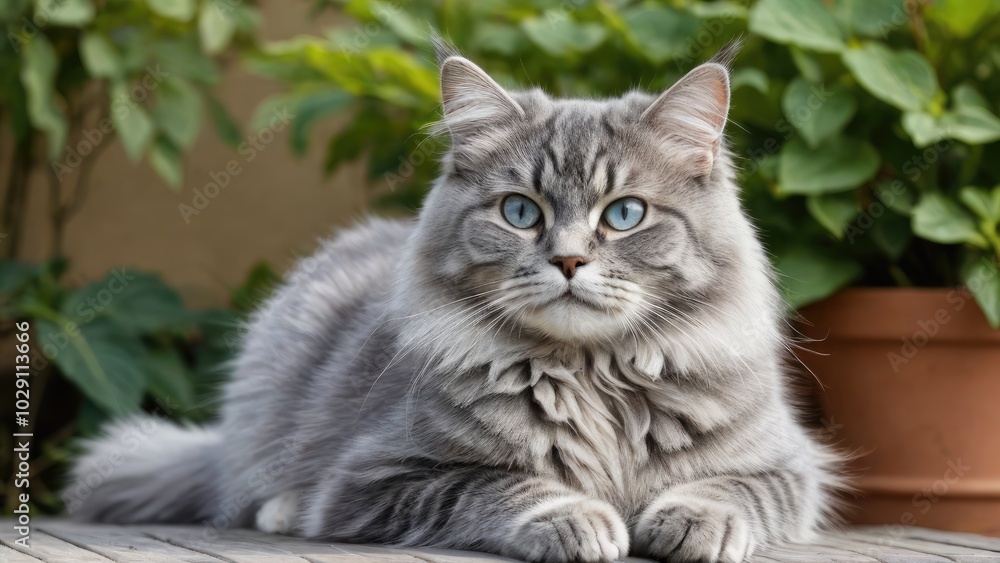 Blue siberian cat lying outside in the garden Blue siberian cat lying outside in the garden