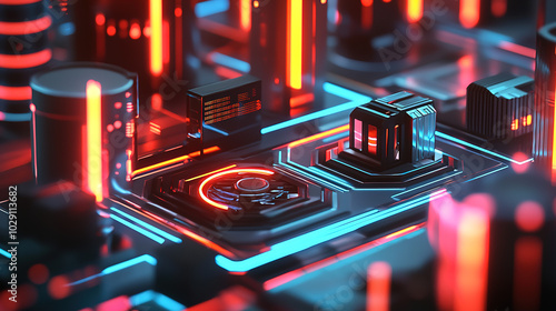 A vibrant and futuristic close-up of a circuit board with glowing elements in blue and orange hues, showcasing technology and digital innovation.