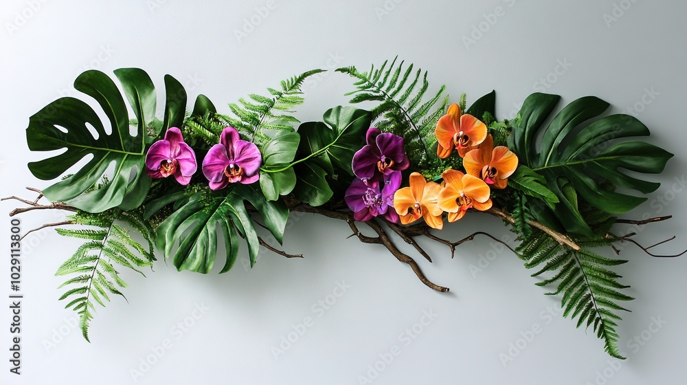 Obraz premium Tropical vibes plant bush flower arrangement with tropical leaves Monstera and ferns and Vanda orchids tropical flower decoration on vine plant tree branch