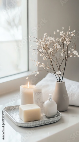 A modern bathroom featuring a decorative soap tray, a candle, and a small vase of flowers