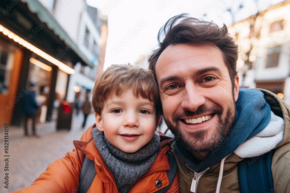 Close up of father and his son taking selfie in city Close up of father and his son taking selfie in city