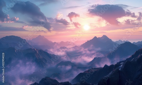 Magnificent mountainous vista adorned with the gentle colors of sunrise, 4K hyperrealistic photo