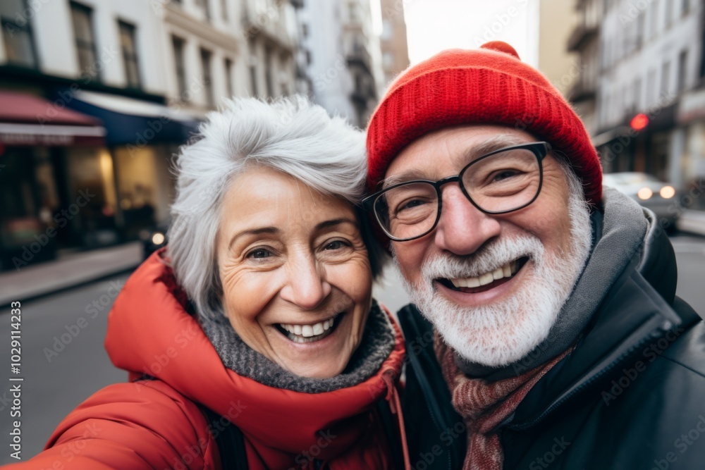 Close up of senior couple taking selfie in city Close up of senior couple taking selfie in city