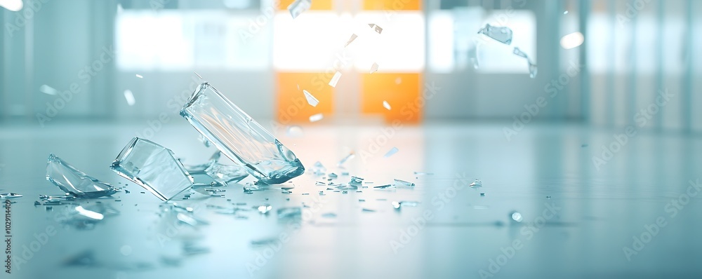 Fototapeta premium Reflective Chaos Shattered Glass Shards Illuminating an Abstract Floor Scene - Captivating Light Play and Sharp Edges in Artistic Composition