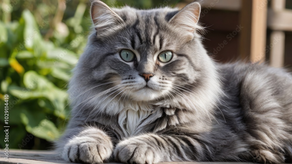 Fototapeta premium Blue siberian cat lying outside in the garden