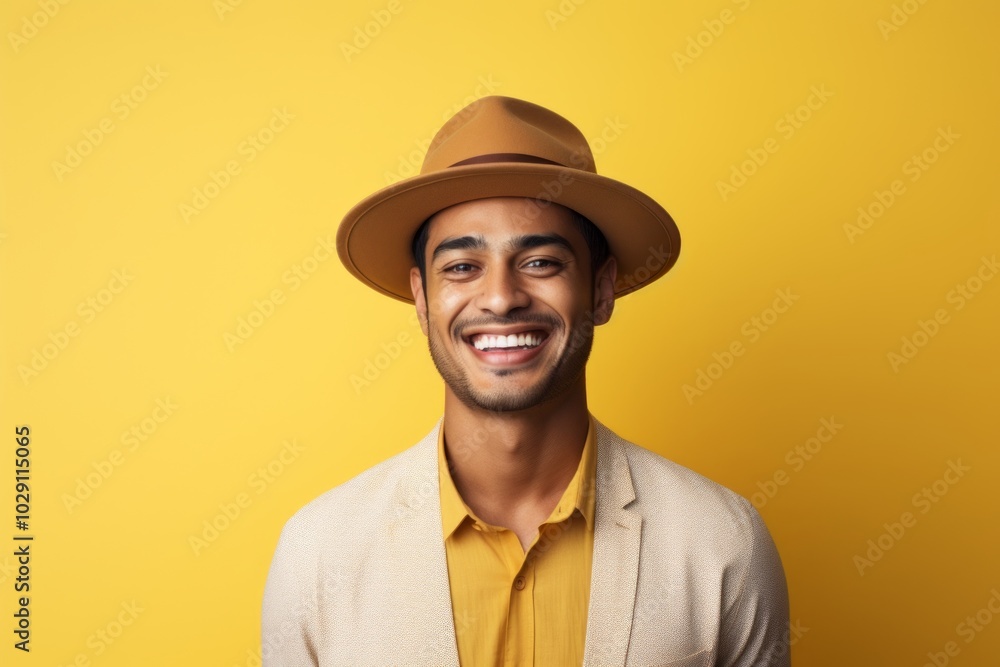 Portrait of a grinning indian man in his 20s donning a classic fedora isolated on soft yellow background Portrait of a grinning indian man in his 20s donning a classic fedora isolated on soft yellow background