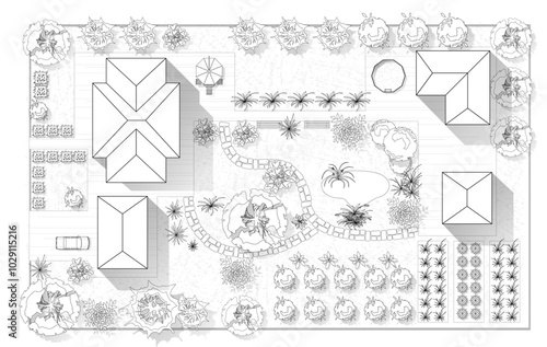 Top view landscape design plan with house, courtyard, lawn. Black and white highly detailed plan of country with modern cottage, villa with garden. Vector illustration Cityscape, Map of town, village