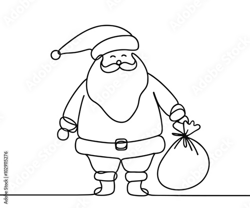 Single drawing with continuous line on white background. Santa Claus with sack of presents on minimalistic background	