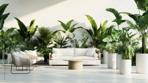 A serene patio with white furniture surrounded by lush green plants under soft sunlight.