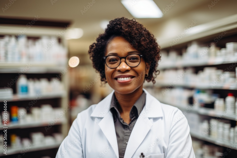Portrait of a middle aged African American female pharmacist in pharmacy Portrait of a middle aged African American female pharmacist in pharmacy