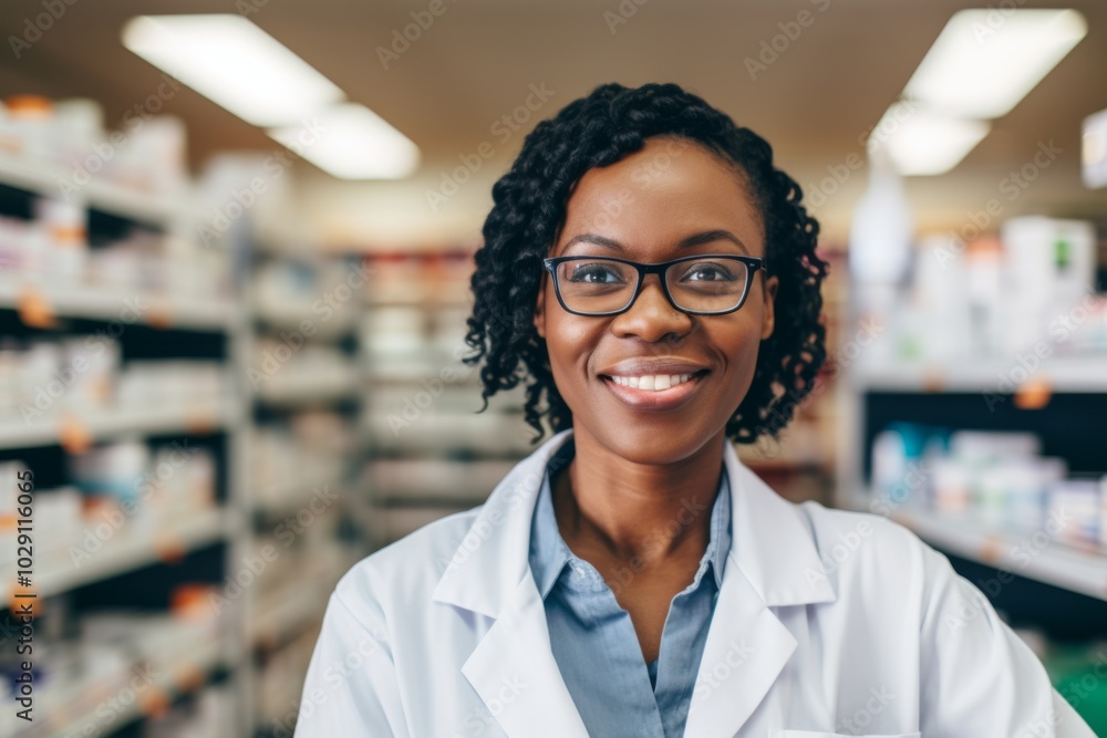 Portrait of a middle aged African American female pharmacist in pharmacy Portrait of a middle aged African American female pharmacist in pharmacy