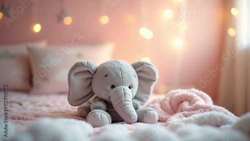 Adorable elephant plush on cloud blanket in cozy nursery with star decals photo