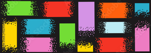 Pixel disintegration color background. Vibrant rectangles in bold colors with black grunge borders. Dispersed dotted pattern. Disintegration, pixel mosaic textures with simple square particles. 