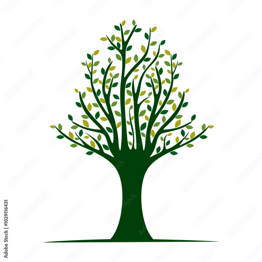 Stylized green tree. Hand drawn spring tree with colorful leaves isolated on white background for sign, icon and symbol. Graphic design element. Colored flat vector illustration Stylized green tree. Hand drawn spring tree with colorful leaves isolated on white background for sign, icon and symbol. Graphic design element. Colored flat vector illustration