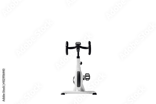 White stationary exercise bike for indoor cycling, on a plain white background. PNG transparent.