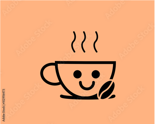 Cute cartoon coffee cup with smiling face isolated on pink, and coffee beans. illustration of enjoying coffee at break time, flat style vector.