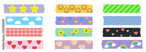 Set of colorful decorative tape strips with cute patterns including stars, clouds, hearts, stripes, and rainbows. Colourful scrapbook stripes, sticky label tags and decorative scotch strip.