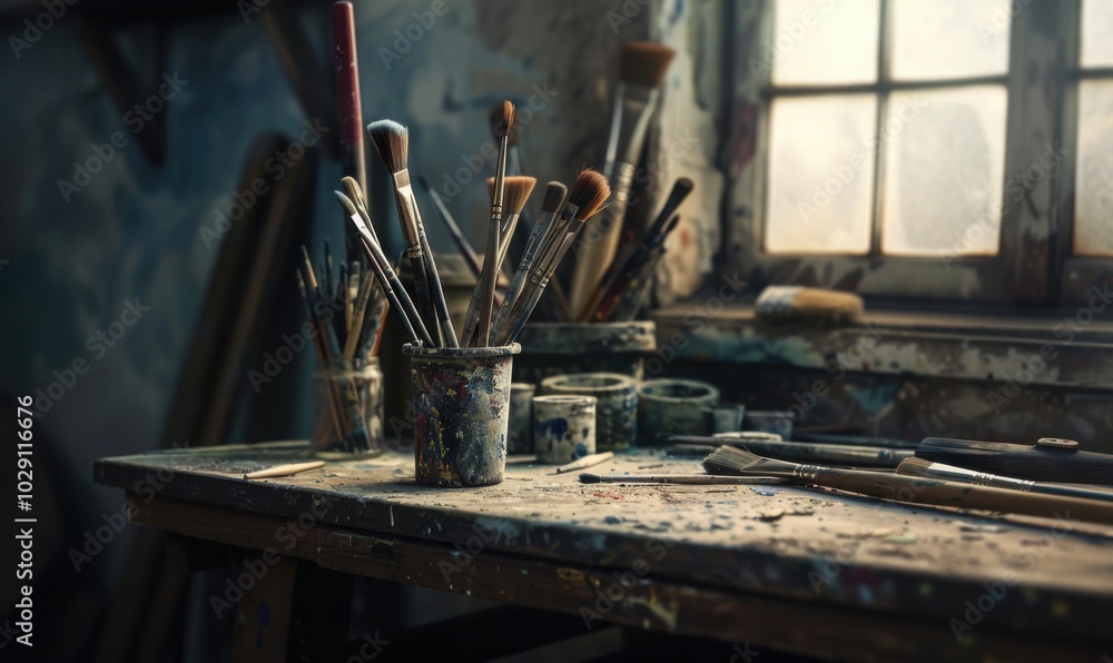 Paintbrushes in a cup on the workbench, 4K hyperrealistic photo Paintbrushes in a cup on the workbench, 4K hyperrealistic photo