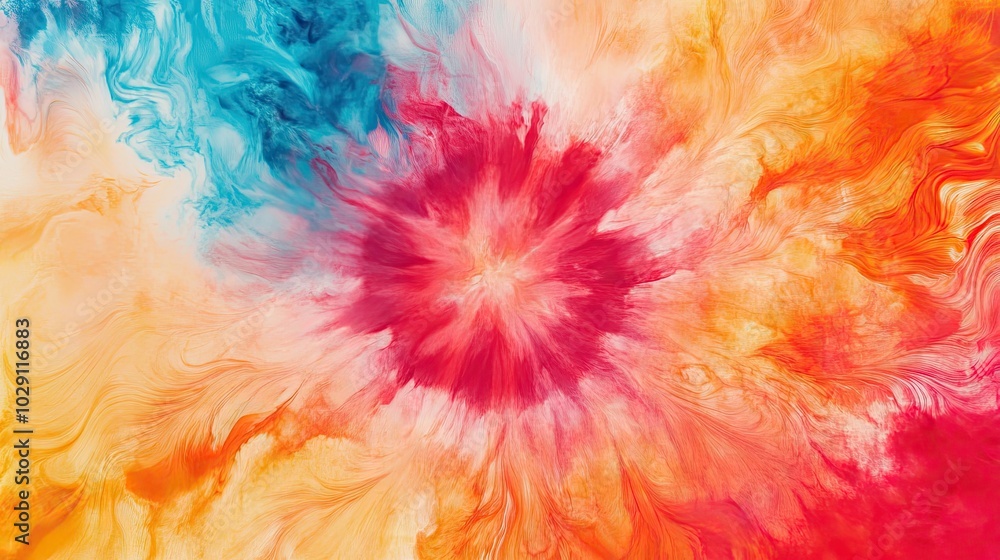 A bold tie-dye background with intricate swirling patterns and vibrant hues, evoking a retro vibe.