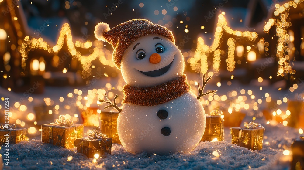 Fototapeta premium Happy Snowman with Christmas Lights and Gifts