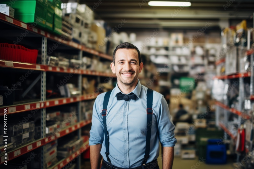 Portrait of a happy salesman standing in hardware store Portrait of a happy salesman standing in hardware store