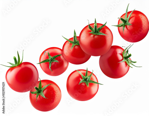 Tomatoes of whole isolated on white background. Tasty and healthy food. Flat lay, top view 