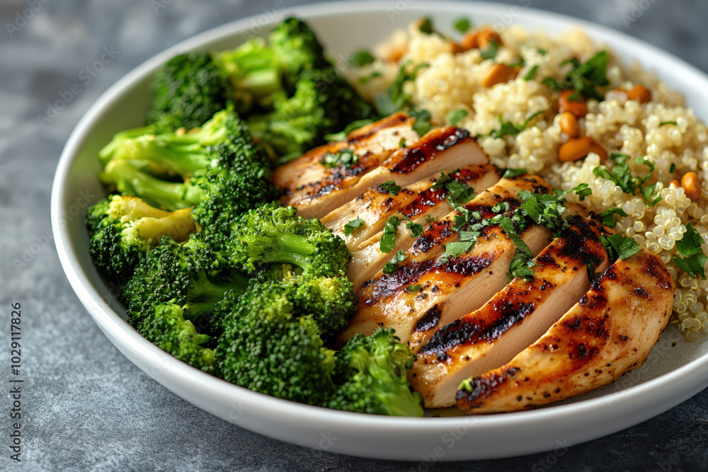 A healthy meal featuring grilled chicken, quinoa, and steamed broccoli, perfect for nutritious dining or meal prep inspiration. A healthy meal featuring grilled chicken, quinoa, and steamed broccoli, perfect for nutritious dining or meal prep inspiration.