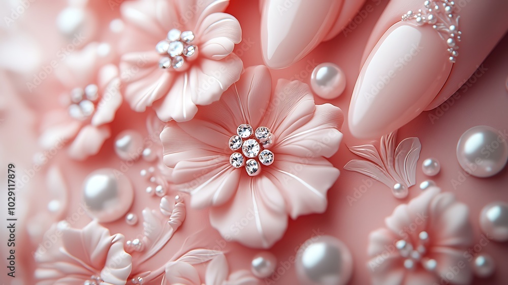 Nails featuring an intricate 3D floral pattern with rhinestones at the center of each flower, pearls arranged along the nail edges, glossy surface, shot in a studio environment with subtle lighting, Nails featuring an intricate 3D floral pattern with rhinestones at the center of each flower, pearls arranged along the nail edges, glossy surface, shot in a studio environment with subtle lighting,