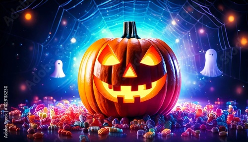 Wallpaper Mural Festive image of a Halloween-themed candy basket with carved pumpkins. Torontodigital.ca