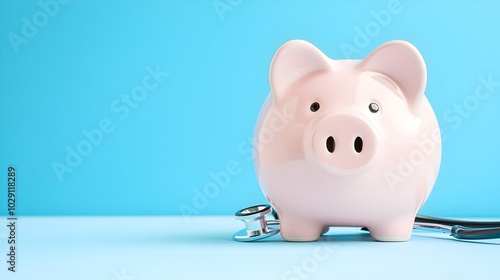 Health Investment Piggy Bank with Doctors Stethoscope - Symbolizing Financial Wellness and Medical Care in a Sterile Studio Setting