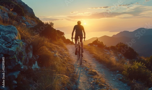 Cyclist riding on a mountain trail during sunset, 4K hyperrealistic photo