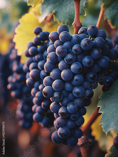 A close-up of a bunch of ripe grapes on the vine, highlighting their plumpness and deep purple color against a blurred vineyard background. photo