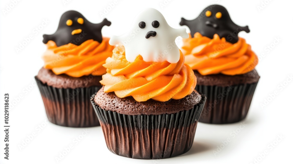 Halloween chocolate cupcakes with spooky ghost toppers, decorated with black and orange icing, isolated on white background Halloween chocolate cupcakes with spooky ghost toppers, decorated with black and orange icing, isolated on white background