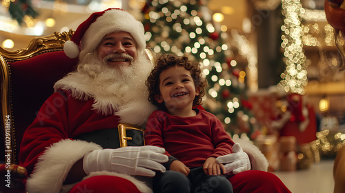 A child sitting on Santas lap smiling in a beautifully decorated mall Santas grotto.